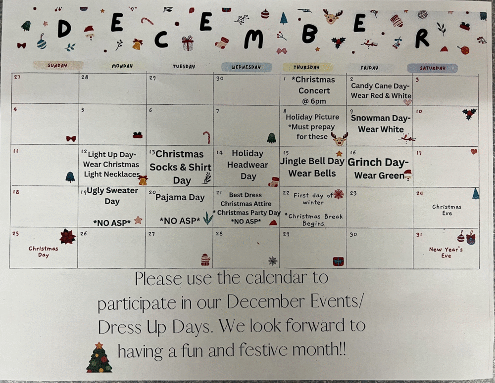 December Events/Dress Up Days