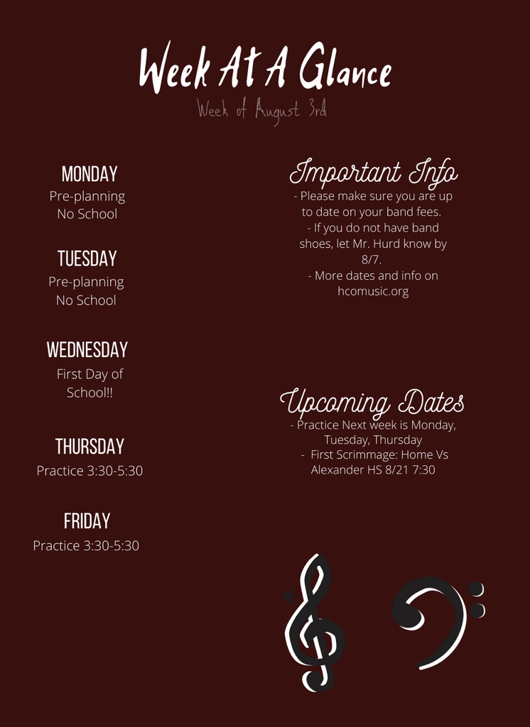 See attached for Week at a Glance