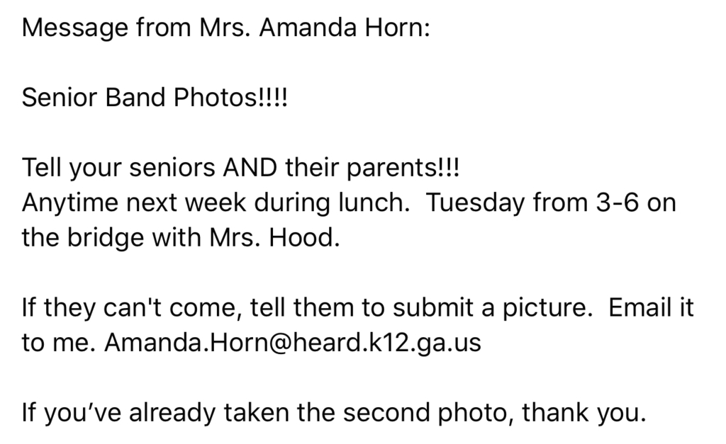 Senior Photo Info from Mrs. Horn